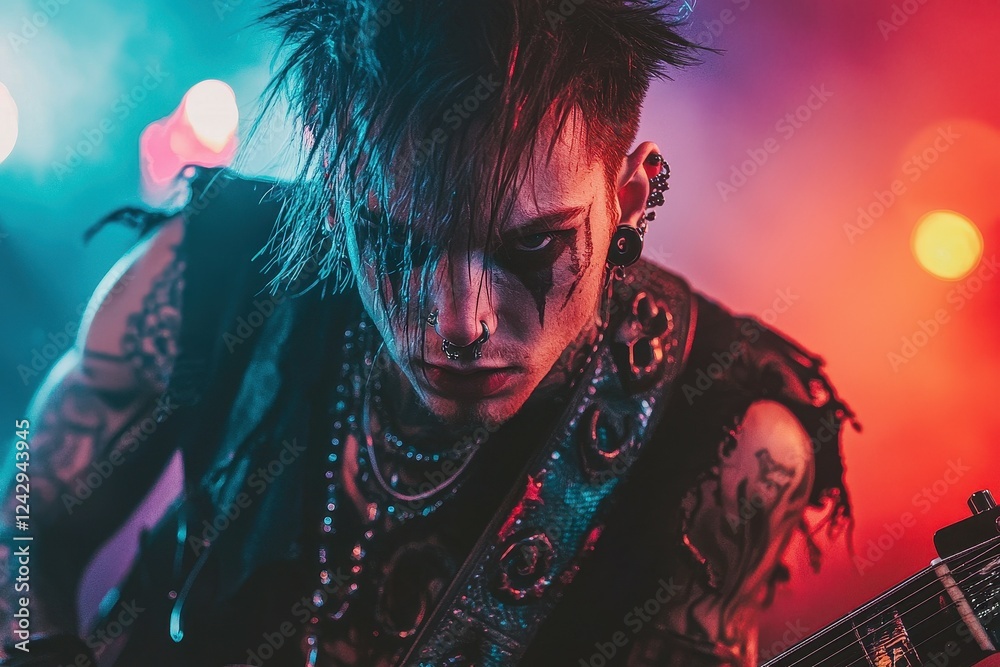 Young Musician with Multiple Facial Piercings A charismatic young musician with a septum ring, snake bite piercings Young Musician with Multiple Facial Piercings A charismatic young musician with a septum ring, snake bite piercings