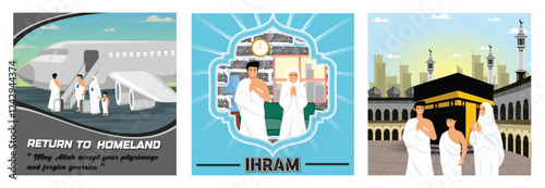 Family Returning from Pilgrimage. A Couple in Ihram. Islamic Hajj Pilgrimage.