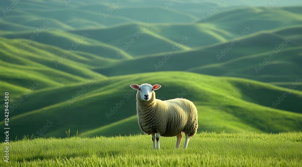 sheep standing in the middle of a green, grassy field with rolling hills in the background on a sunny day. sheep standing in the middle of a green, grassy field with rolling hills in the background on a sunny day.