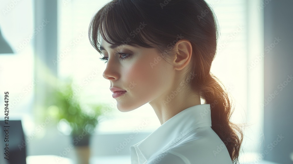 Female office worker experiencing shoulder discomfort, elegant white business attire, side profile pose, dark hair, gentle expression, ergonomic workspace setting, soft focus, cinematic lighting, Female office worker experiencing shoulder discomfort, elegant white business attire, side profile pose, dark hair, gentle expression, ergonomic workspace setting, soft focus, cinematic lighting,