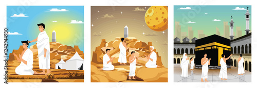 A Muslim shave or trim hair. Group Meditation in Ancient Setting. Hajj Pilgrims Performing Rituals at Kaaba.