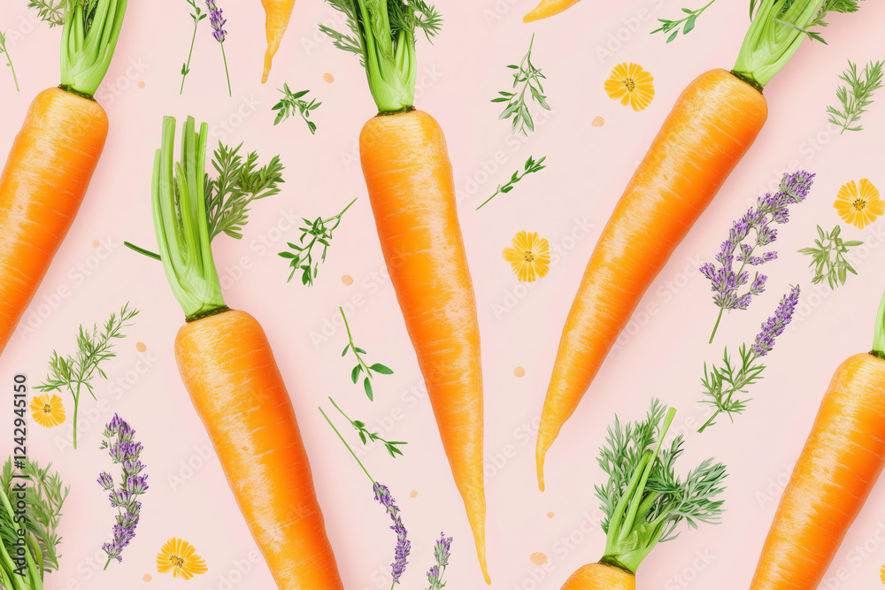 seamless pattern featuring fresh vibrant orange carrots with natural texture, slight imperfections, and delicate green tops, arranged in a balanced composition. Small botanical elements such as herb seamless pattern featuring fresh vibrant orange carrots with natural texture, slight imperfections, and delicate green tops, arranged in a balanced composition. Small botanical elements such as herb