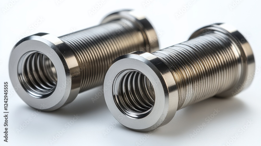 Close-up of two metallic threaded connectors showcasing precision engineering and craftsmanship Close-up of two metallic threaded connectors showcasing precision engineering and craftsmanship