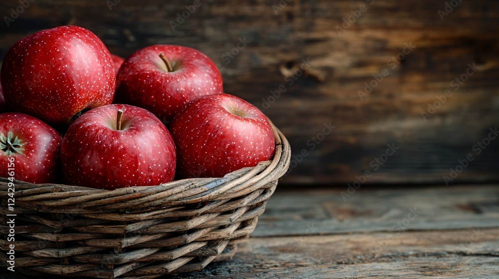 Rustic Basket of Red Fruits on Wooden Surface. Rustic Basket of Red Fruits on Wooden Surface.