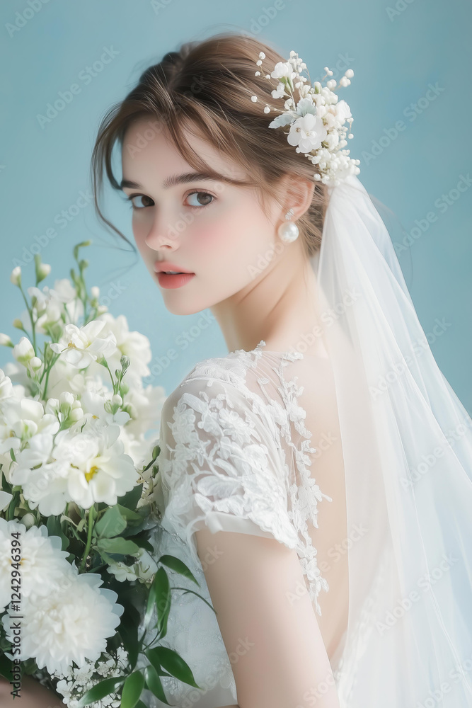 Fototapeta premium young woman in a delicate white bridal gown, holding a bouquet of white flowers with a serene, joyful expression. Her soft brown hair is styled in an elegant updo, adorned with a floral tiara 
