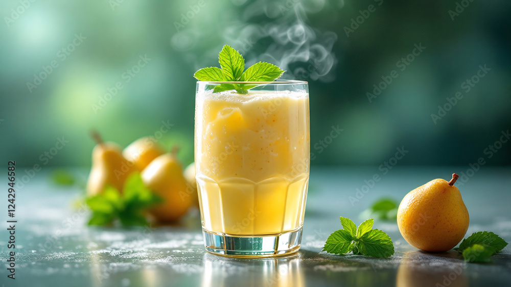 Fototapeta premium Pear Smoothie with Mint Garnish Surrounded by Fresh Pears on a Cool Background