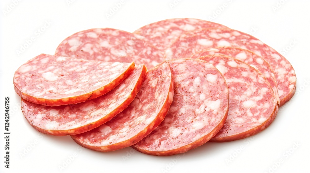 Sliced salami on white background, food photography Sliced salami on white background, food photography