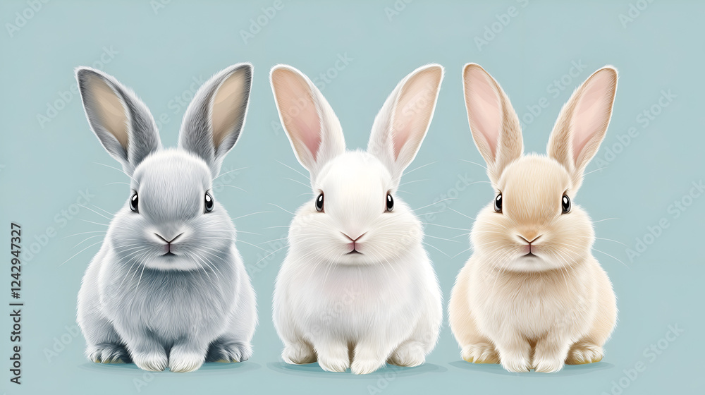 Fototapeta premium Three cute rabbits, pastel colors, pastel blue background