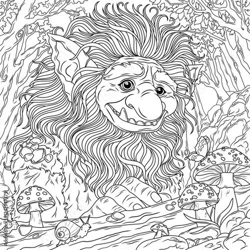 Cute Troll in the forest.Fantasy character.Coloring book antistress for children and adults.