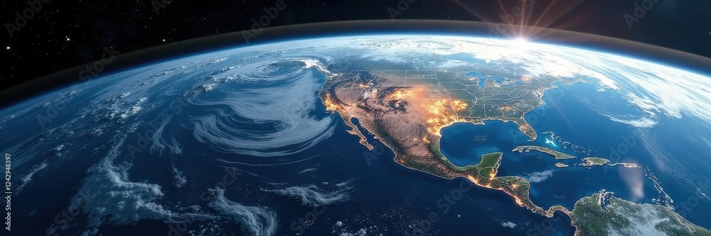Fototapeta premium Earth viewed from orbiting satellite, stunning detail, satellite image, orbital perspective, photo