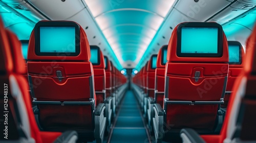 Empty Airplane Seats with Personal Screens Red Interior Modern Aircraft Cabin
