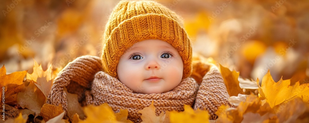 Adorable baby relaxing in a pile of autumn leaves Adorable baby relaxing in a pile of autumn leaves