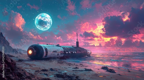 Wallpaper Mural Futuristic Submarine on Alien Beach at Sunset: A Surreal Seascape Painting Torontodigital.ca