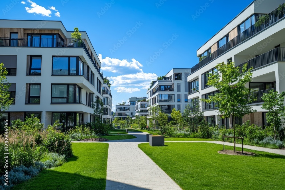 Naklejka premium Modern apartment complex sunny courtyard pathway