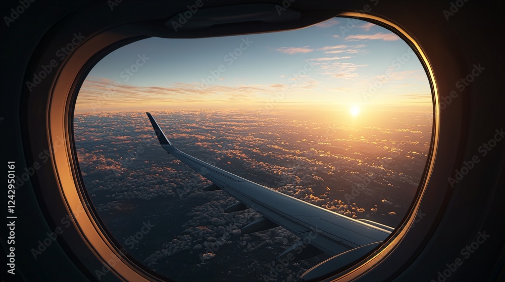 Stunning Sunset View from Airplane Window Aerial Cloudscape at Golden Hour Stunning Sunset View from Airplane Window Aerial Cloudscape at Golden Hour