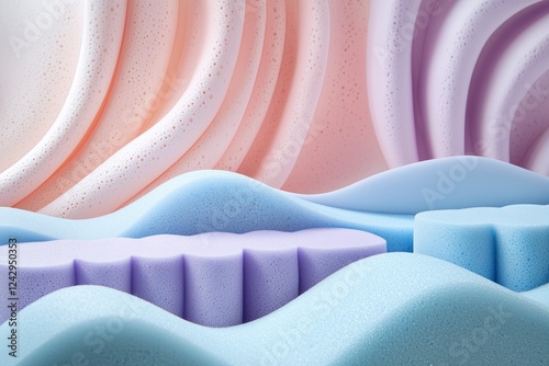 3d abstract wave background with blue and purple colors.  soft pastel. foam and inflated  material  texture. curved lines, depth and elegance.