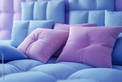 close-up of multiple soft blue and purple pillows stacked on top of each other. in 3D animation style. cozy and vibrant visual.