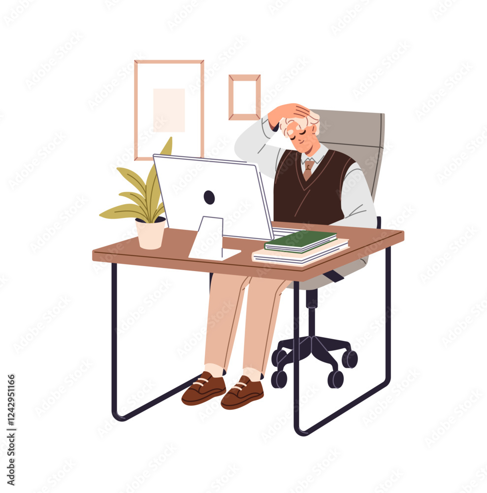 Person with sedentary work stretches neck at computer desk. Office worker does yoga workout on chair at home workplace. Employee does physical exercises. Flat isolated vector illustration on white Person with sedentary work stretches neck at computer desk. Office worker does yoga workout on chair at home workplace. Employee does physical exercises. Flat isolated vector illustration on white