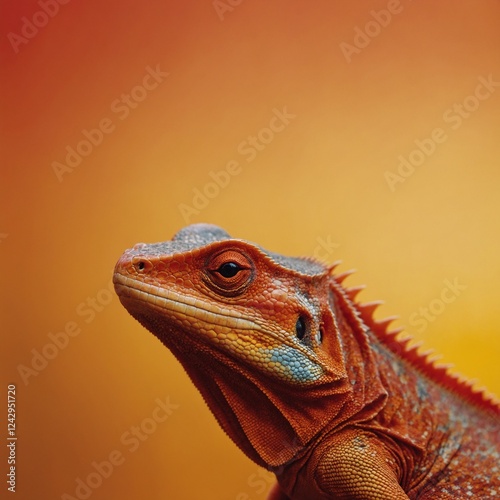 A bright red lizard with a gradient orange to yellow background.