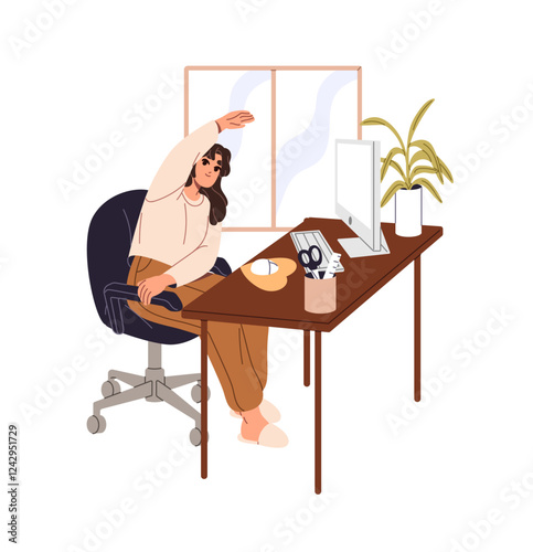 Woman freelancer with sedentary work does yoga training, physical exercises at computer desk. Office worker, employee stretches on chair at workplace. Flat isolated vector illustration on white