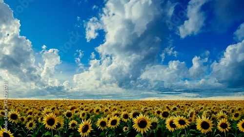 Bright sunflowers stretch across a vast field under a dynamic sky with clouds in mid-afternoon light