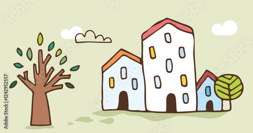 Illustration style dessin à la main de maisons de village rustique, logements à étages avec un arbre vert, paysage rural mignon avec habitation au toit pointu