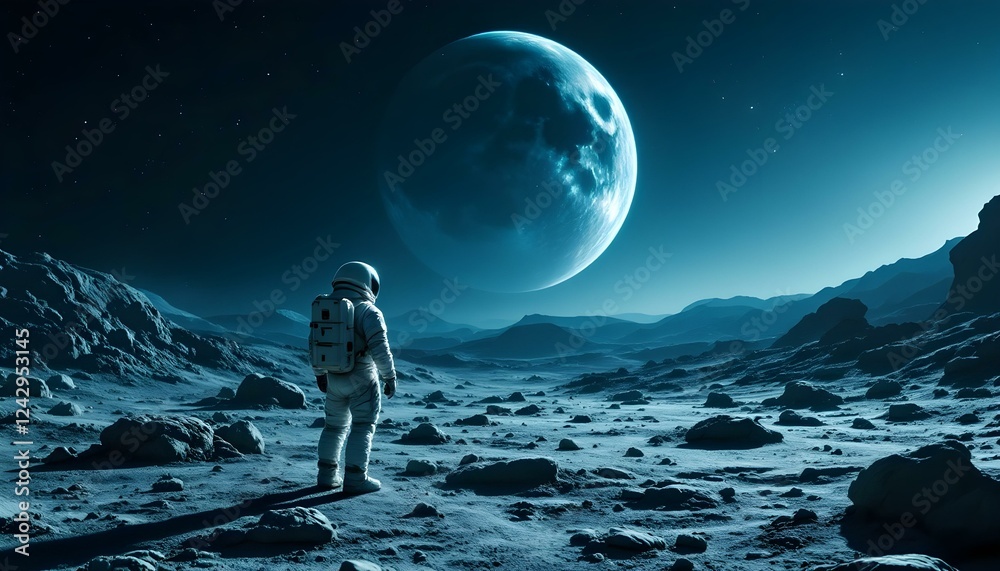 Obraz premium Astronaut standing on barren extraterrestrial surface with distant planet and stars 