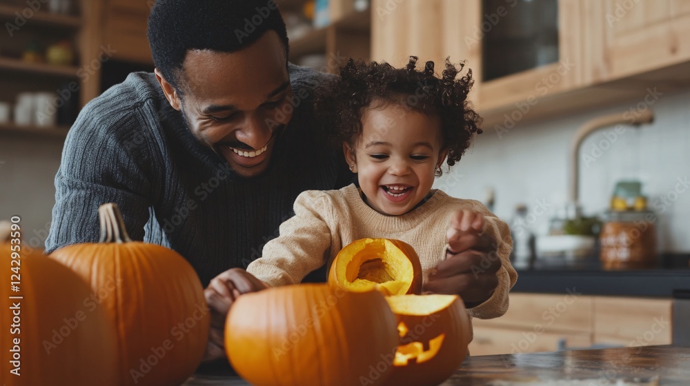 Fototapeta premium Happy family carving pumpkins together for halloween celebration