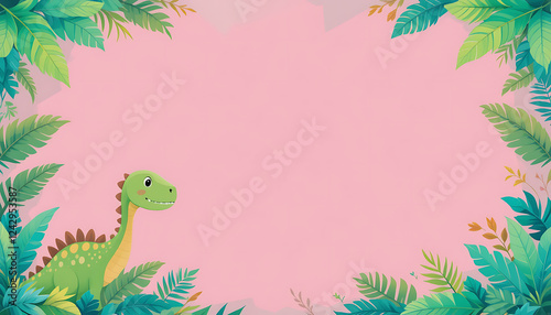 A cute, cartoon-style green dinosaur with a friendly expression, partially hidden among lush, vibrant green tropical leaves.