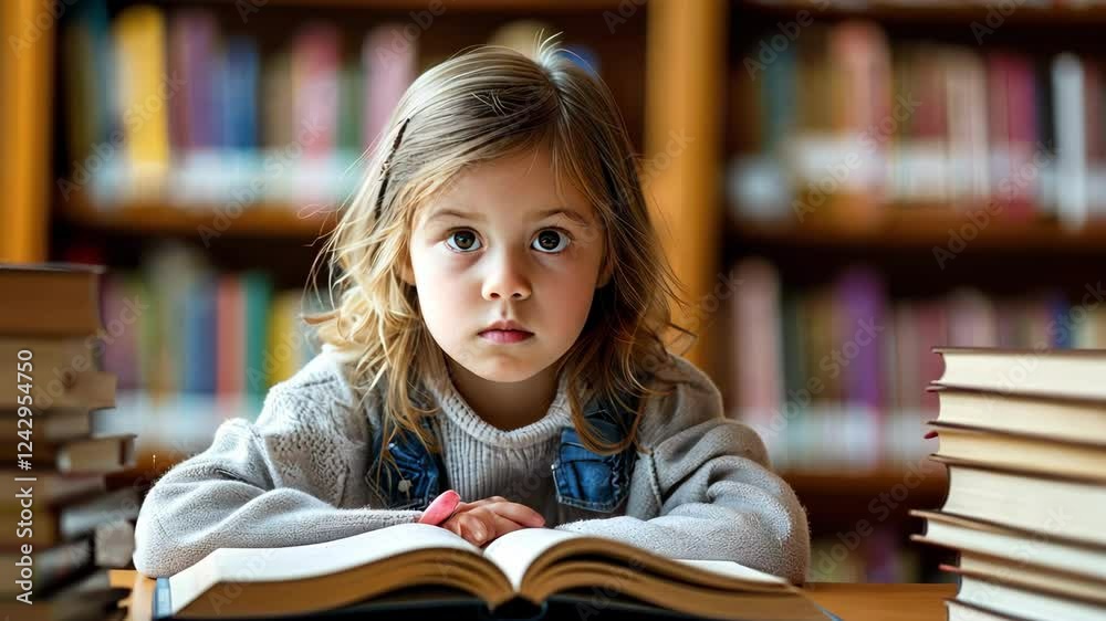 Girl reading book in library, capturing focus and curiosity amidst stacks Girl reading book in library, capturing focus and curiosity amidst stacks