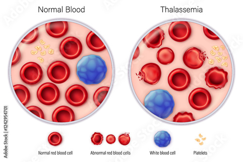 Comparison between normal blood and thalassemia vector. Blood smear. An inherited blood disorder. Medical education.