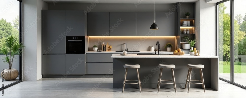 Modern gray kitchen corner featuring integrated bar seating, corner bar, kitchen remodel, farmhouse chic Modern gray kitchen corner featuring integrated bar seating, corner bar, kitchen remodel, farmhouse chic