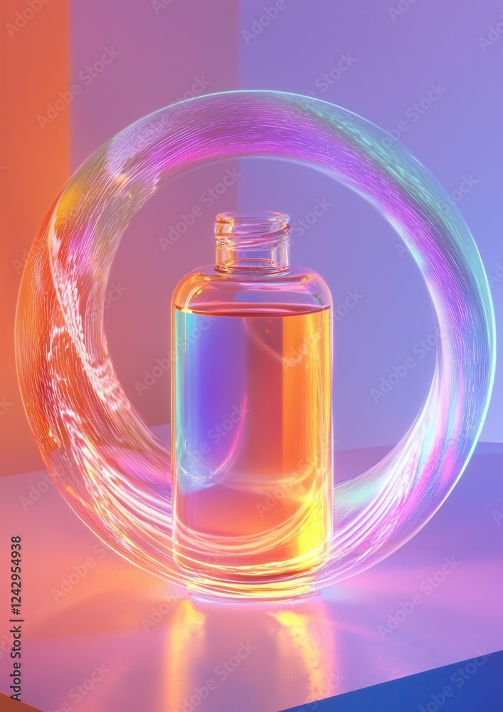 3d rendering of a glass bottle with a transparent body and a metal stopper. the bottle is placed on a blue surface with a gradient background of pink, orange, and purple. 3d rendering of a glass bottle with a transparent body and a metal stopper. the bottle is placed on a blue surface with a gradient background of pink, orange, and purple.