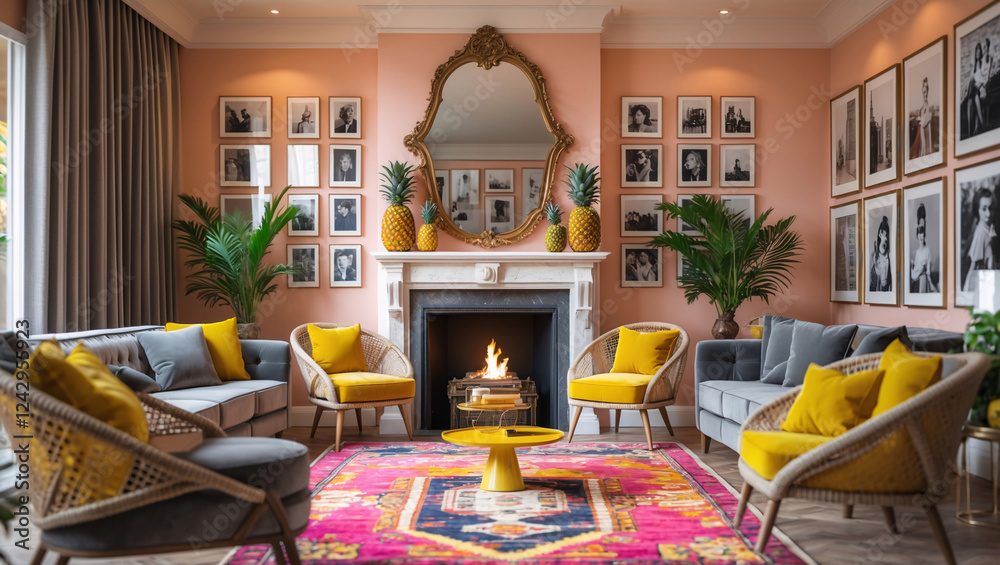 Fototapeta premium Antique Eclectic Living Room with Fantasy and Yellow Pineapple Design Sofa Carpet Fireplace and Stunning Photo Gallery Wall Display Interior Design Inspiration