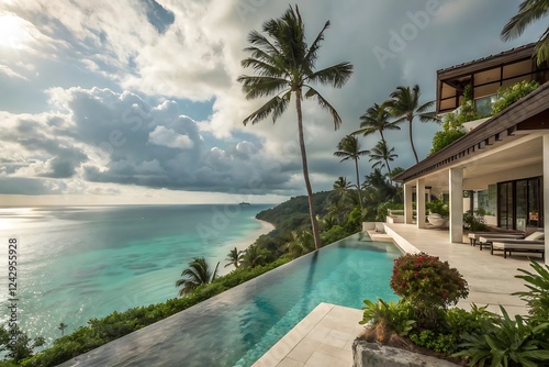 Tropical resort swimming pool with palm trees and clear water photo