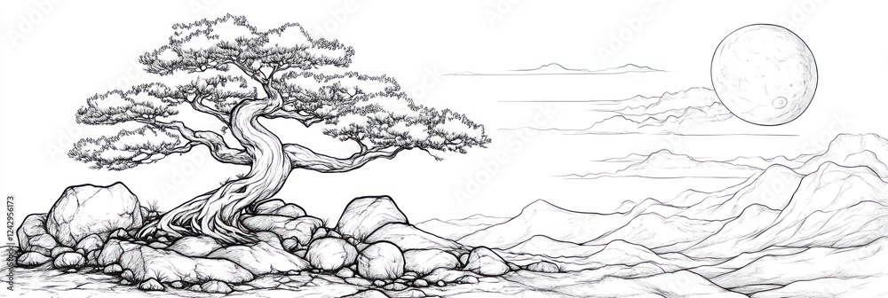 Obraz premium Ancient Bonsai Tree Amidst Rolling Hills and Moon
