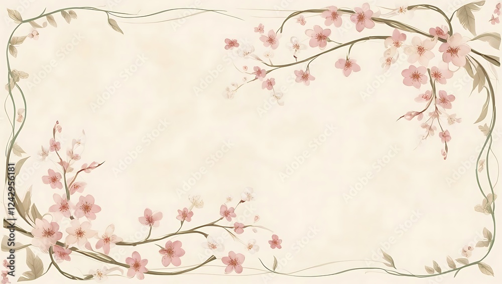 Fototapeta premium Soft-toned spring layout with faded vines and cherry blossoms, evoking a whimsical vibe
