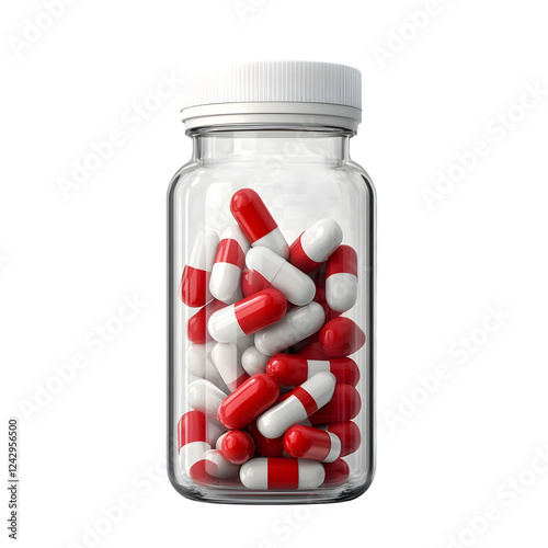 Prescription Pills in Glass Jar, Multicolor Medicine Capsules, Isolated on Transparent Background PNG