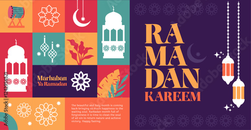 ramadan kareem banner pattern and silhouette flat vektor illustration