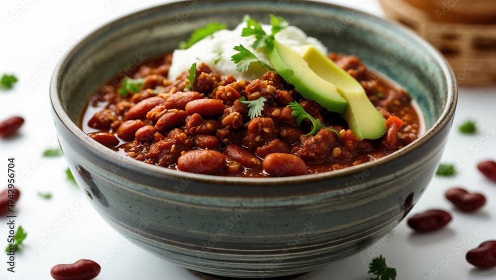 Chili stew with avocado and cilantro in rustic bowl Chili stew with avocado and cilantro in rustic bowl