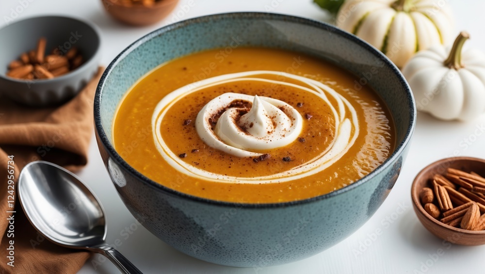Creamy pumpkin soup in blue bowl with whipped cream and cinnamon, perfect autumn dish. Creamy pumpkin soup in blue bowl with whipped cream and cinnamon, perfect autumn dish.