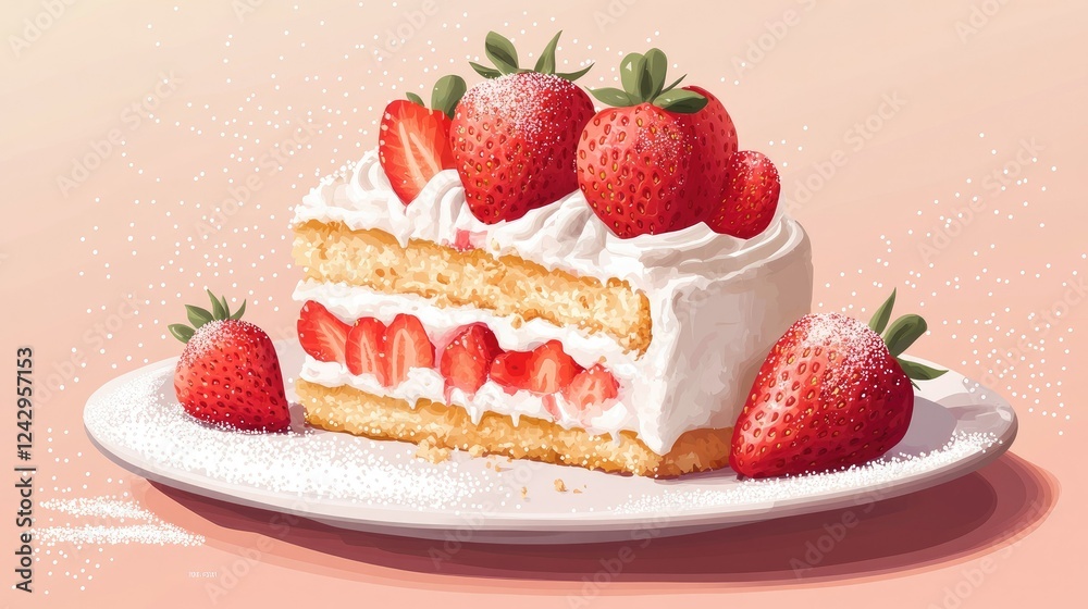 An aesthetic vector of a strawberry shortcake with whipped cream, strawberries, and a delicate sugar dusting.