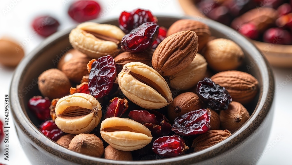 Mixed nuts and dried cranberries in dark bowl showcasing vibrant textures and colors. Mixed nuts and dried cranberries in dark bowl showcasing vibrant textures and colors.