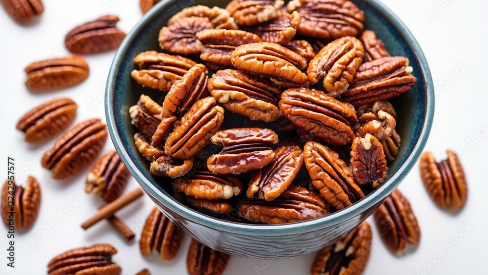 Pecans in a blue bowl with cinnamon, healthy organic snack close-up. Pecans in a blue bowl with cinnamon, healthy organic snack close-up.