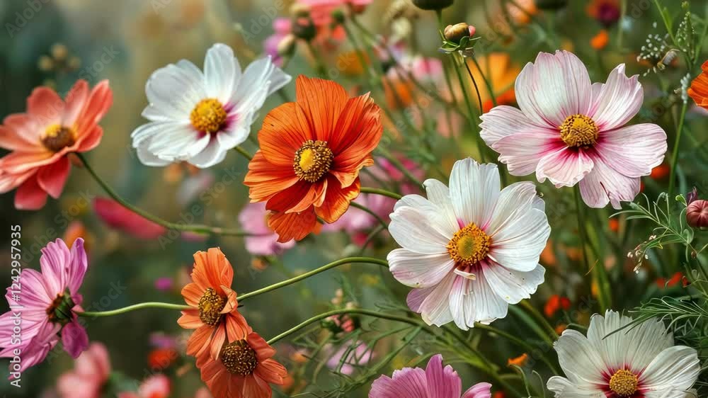 Vibrant flowers in bloom showcase colors and delicate petals in a picturesque garden Vibrant flowers in bloom showcase colors and delicate petals in a picturesque garden