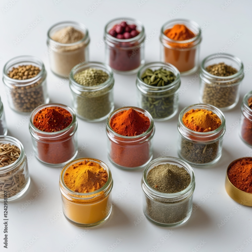Vibrant Assorted Spices in Glass Jars on White Background Vibrant Assorted Spices in Glass Jars on White Background