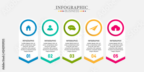 Vector infographic design template with 5 arrows pointing right. Can be used for web design, diagram, step options, chart, graph, business presentation.