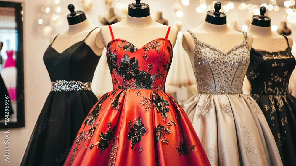 Elegant evening dresses showcased in a boutique with warm lighting and stylish designs