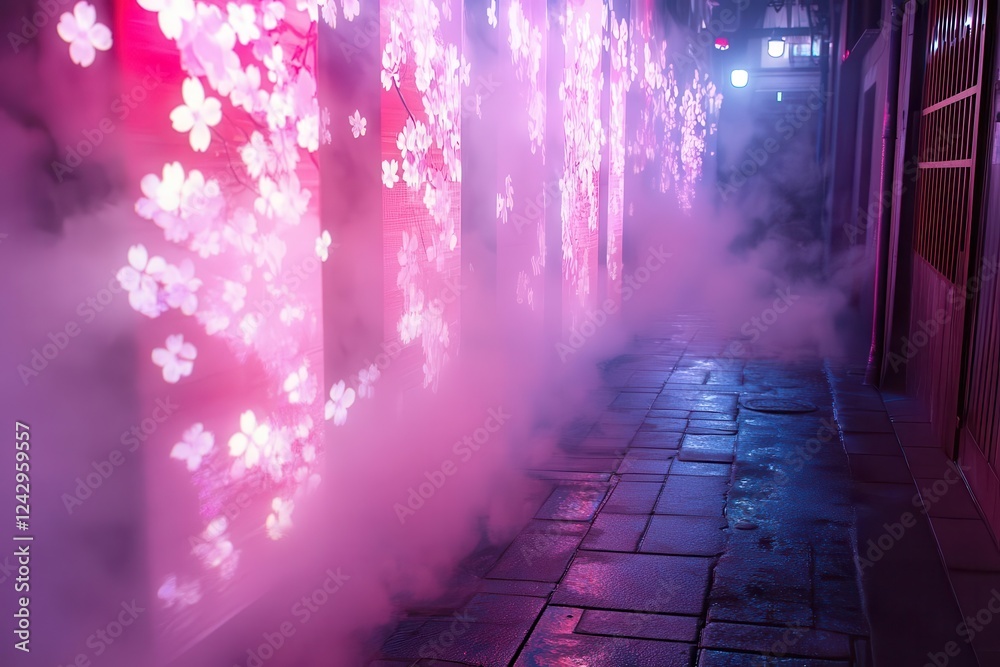 cyberpunk tokyo alleyway with holographic cherry blossoms floating through neon-lit steam, reflecting on wet cobblestones cyberpunk tokyo alleyway with holographic cherry blossoms floating through neon-lit steam, reflecting on wet cobblestones