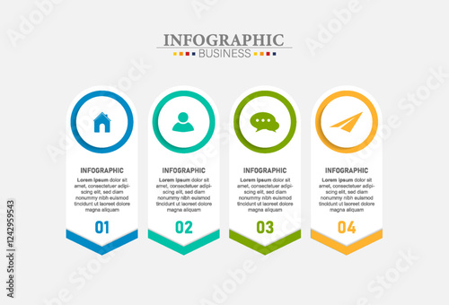 Vector infographic design template with 4 arrows pointing right. Can be used for web design, diagram, step options, chart, graph, business presentation.